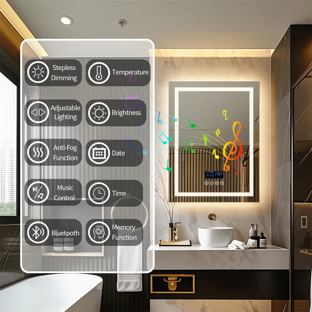 Smart Rectangle Bluetooth Bathroom Mirror with Time & Temperature Display, Double light,Dimmable LED, Anti-Fog, and Built-in Speaker