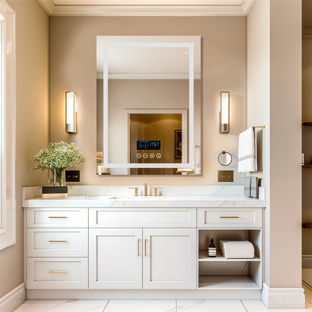 Smart Rectangle Bluetooth Bathroom Mirror with Time & Temperature Display, Double light,Dimmable LED, Anti-Fog, and Built-in Speaker