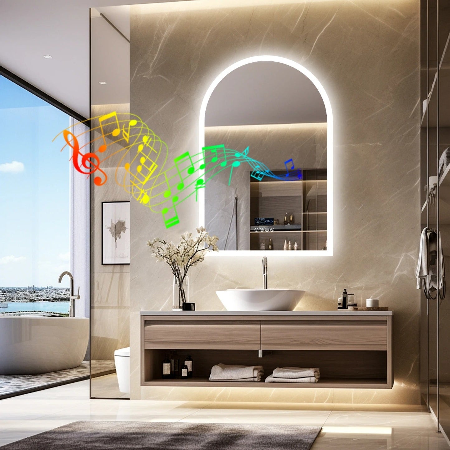 Arched LED Backlit Bluetooth Bathroom Mirror – Dimmable, Fogless Vanity Mirror with Time & Temperature Display