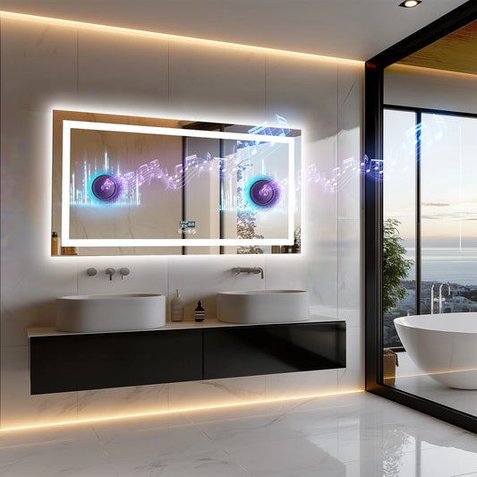 Smart LED Large Bathroom Mirror With Bluetooth, Multiple Size Rectangle Double Lights with Anti-Fog, 3 Color