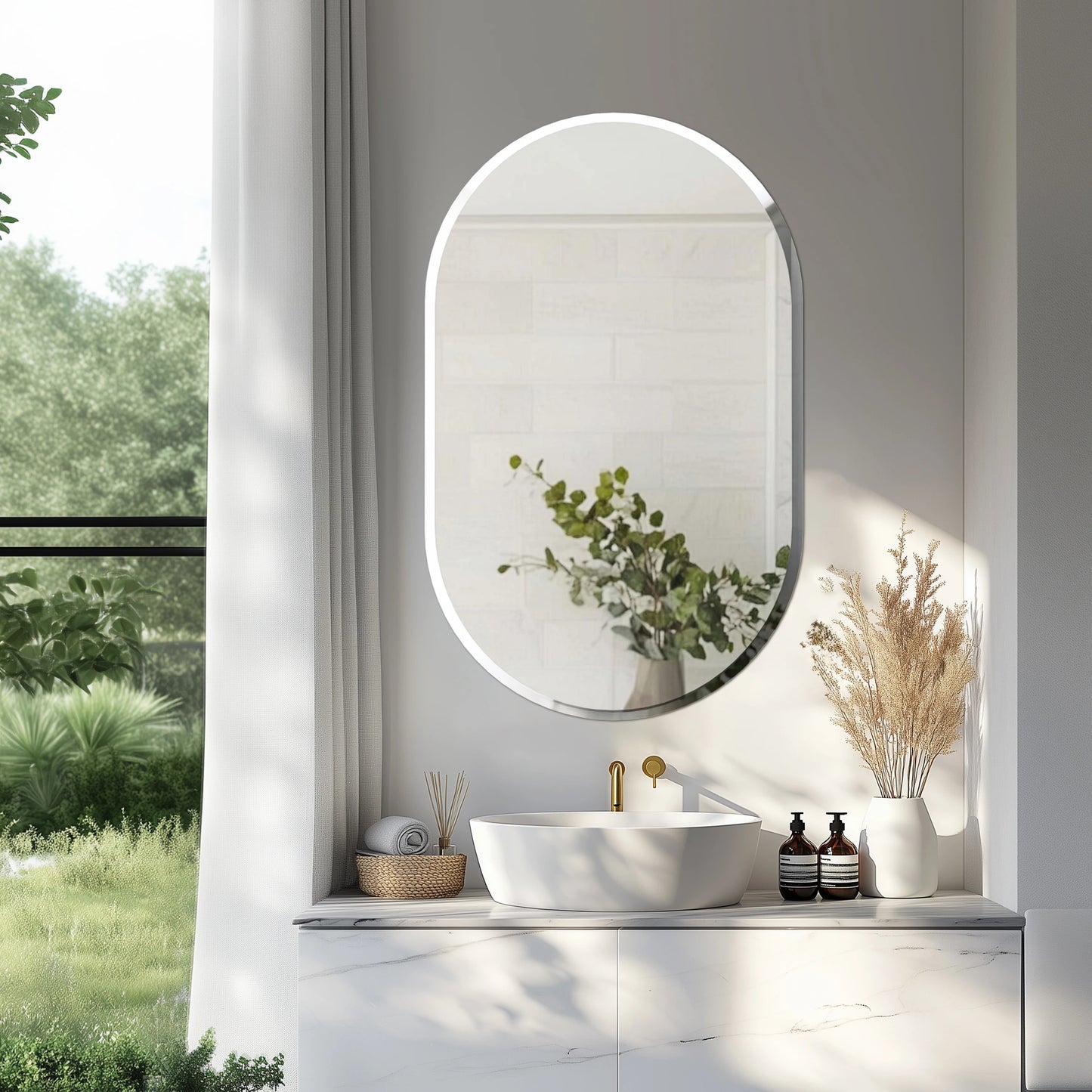 Long Oval Bathroom Mirror, Classic Vanity Mirror with Beveled Edge.