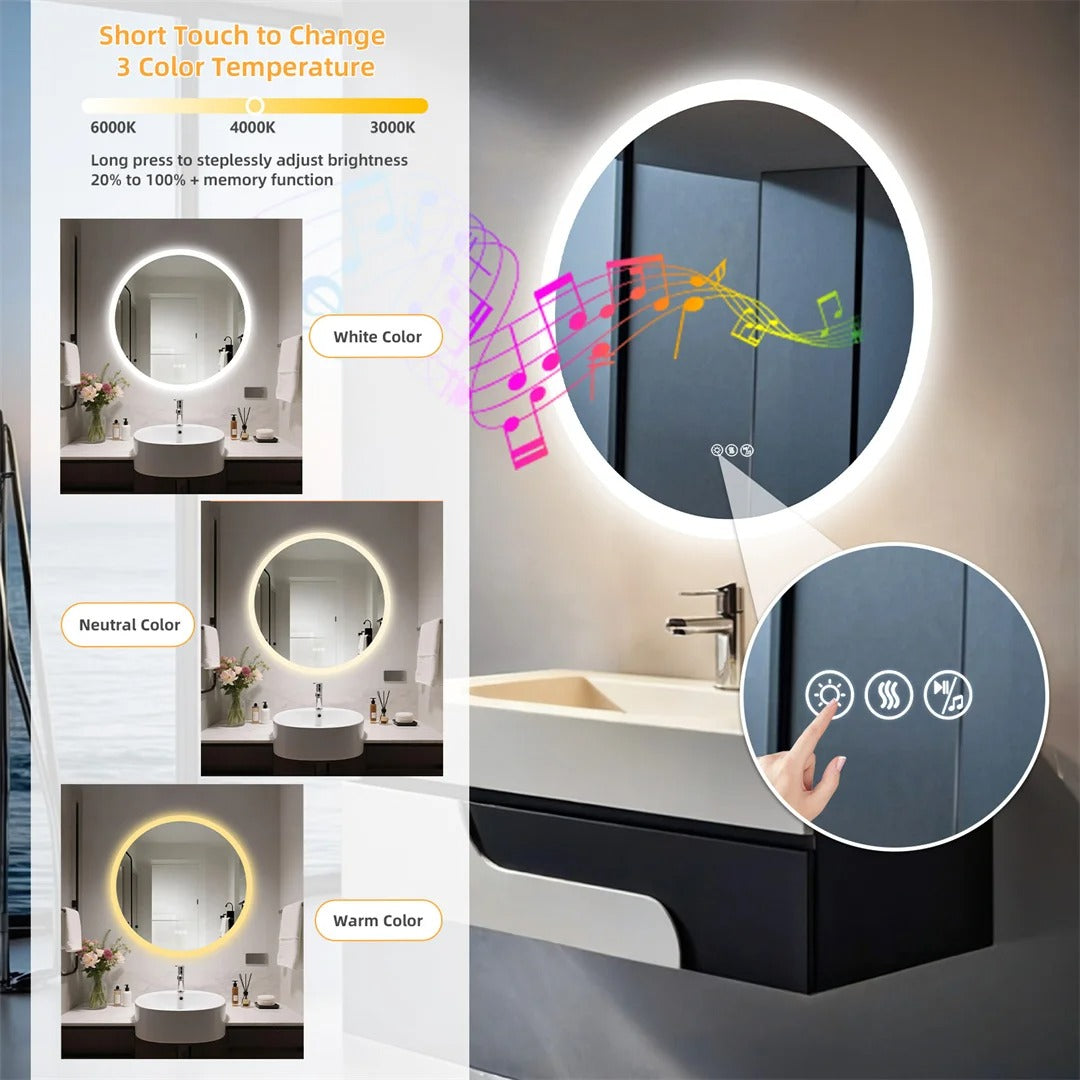 80cm Round LED Bathroom Mirror with Bluetooth Speakers – Wall-Mounted Lighted Vanity Mirror with Anti-Fog Function