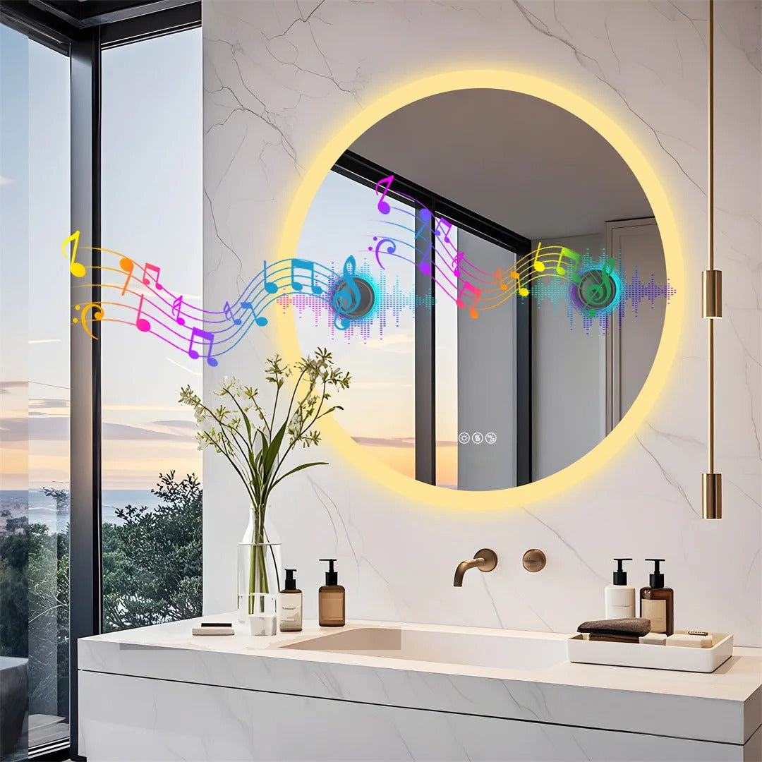 80cm Round LED Bathroom Mirror with Bluetooth Speakers – Wall-Mounted Lighted Vanity Mirror with Anti-Fog Function