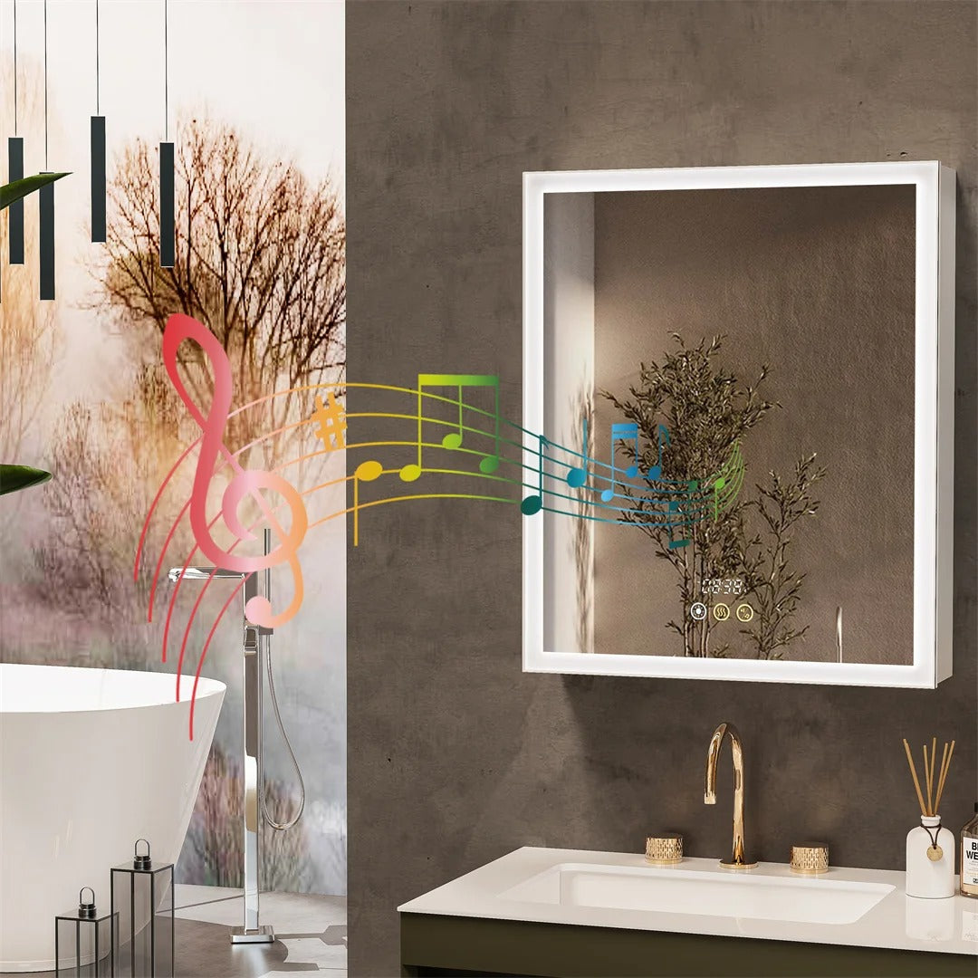 Aluminum Frame Smart LED Bathroom Mirror Cabinet with Bluetooth Speaker, Music Control, Anti-fog, Temperature & Time Display,Front Light