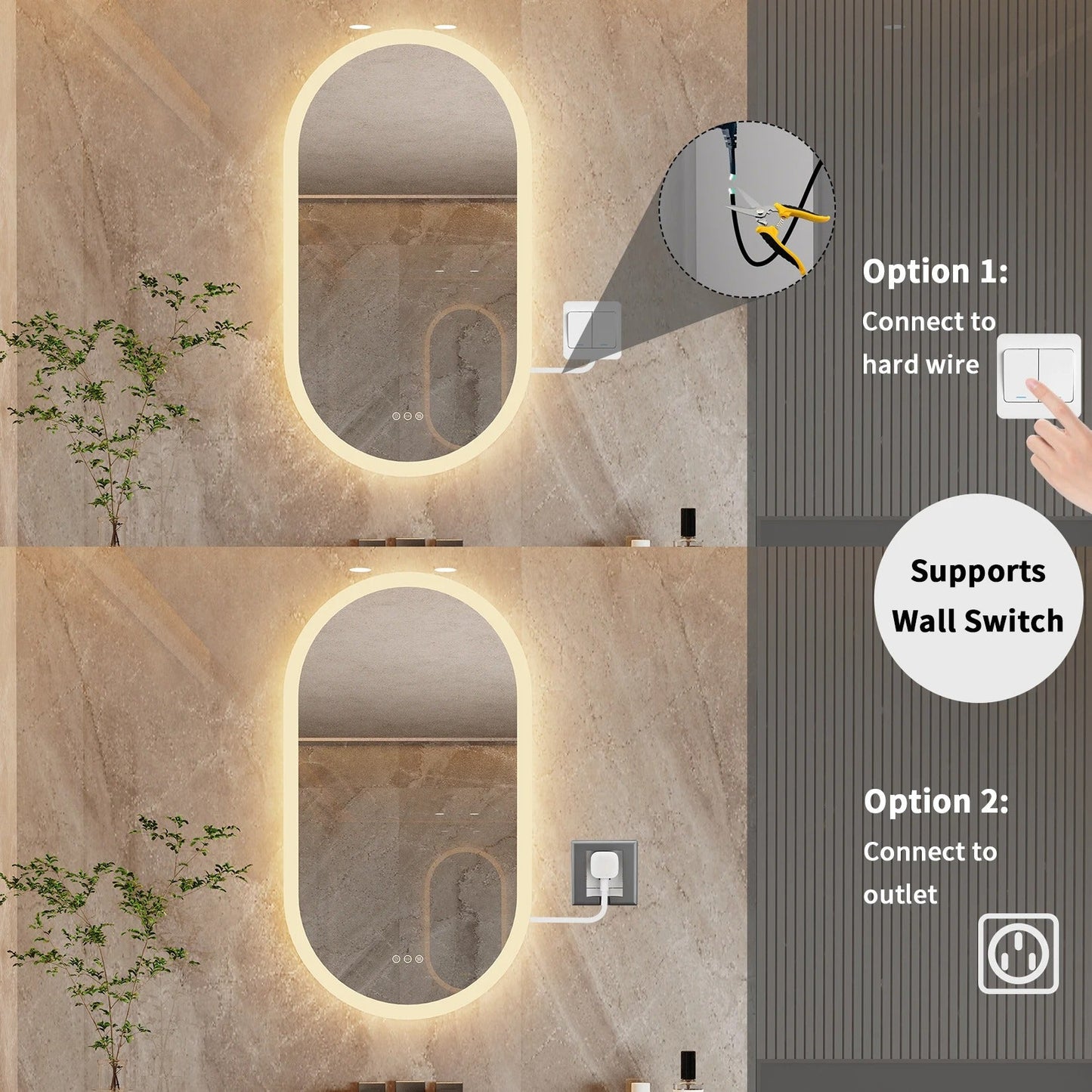 Arched Oval Large Backlit Light LED Makeup Bathroom Smart Bathroom Illumination Mirror, Wall Mounted, Anti-Fog