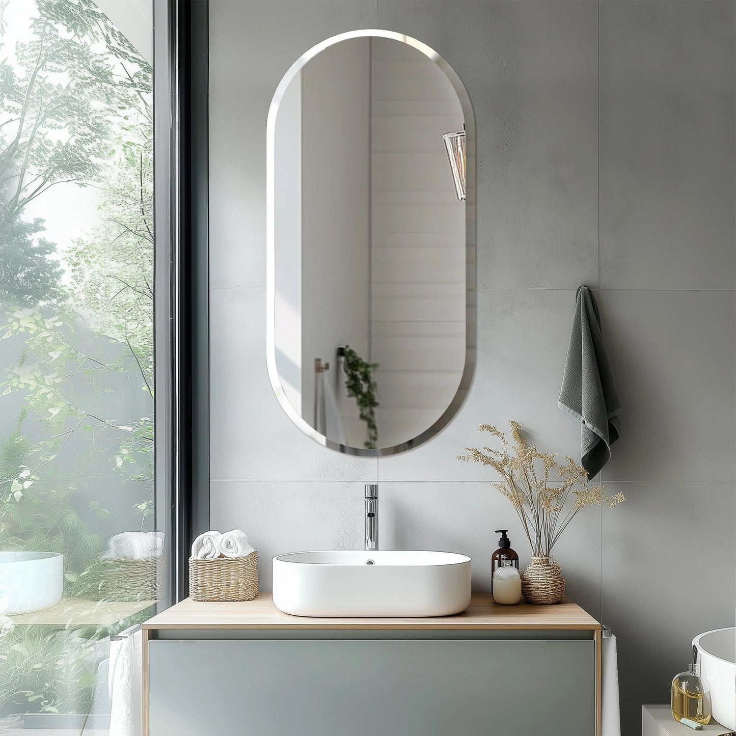Long Oval Bathroom Mirror, Classic Vanity Mirror with Beveled Edge.