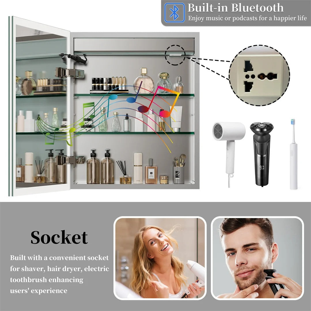 Aluminum Frame Smart LED Bathroom Mirror Cabinet with Bluetooth Speaker, Music Control, Anti-fog, Temperature & Time Display,Front Light