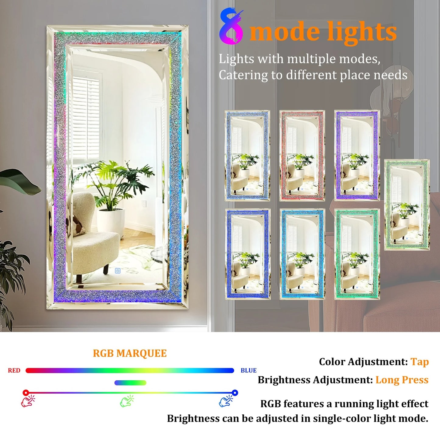 Full-Length Wall Mirror with RGB LED Lights – Decorative Rectangle Large 120x60cm Vanity Mirror for Bathroom, Living Room & Cloakroom