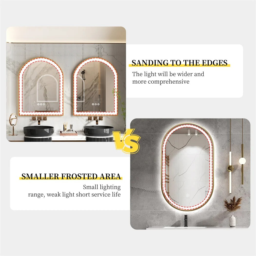 Arched Gold Aluminum Frame Front-lit Arched Gold Aluminum Frame LED Illuminated Bathroom Smart Mirror, 3 Colors Dimming, Defog and Memory Function
