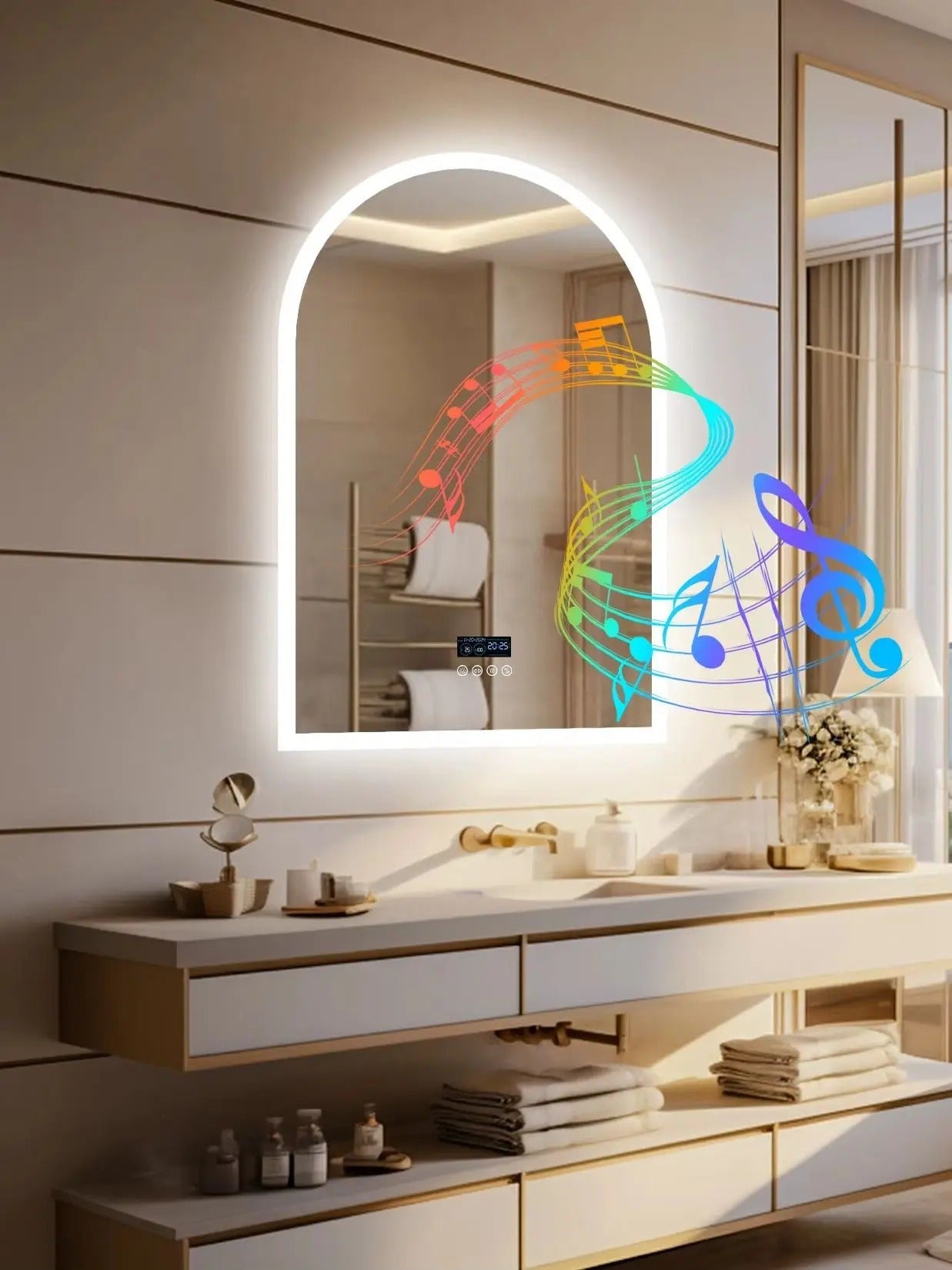 Arched LED Backlit Bluetooth Bathroom Mirror – Dimmable, Fogless Vanity Mirror with Time & Temperature Display