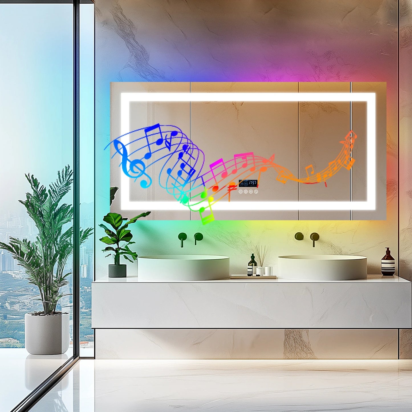 Rectangle Multiple Size Glitzy RGB,Smart LED mirror With Bluetooth Speakers,Double Light LED Bathroom Mirror ,Anti-Fog