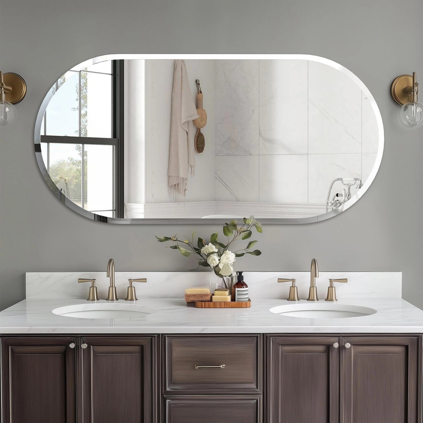 Long Oval Bathroom Mirror, Classic Vanity Mirror with Beveled Edge.