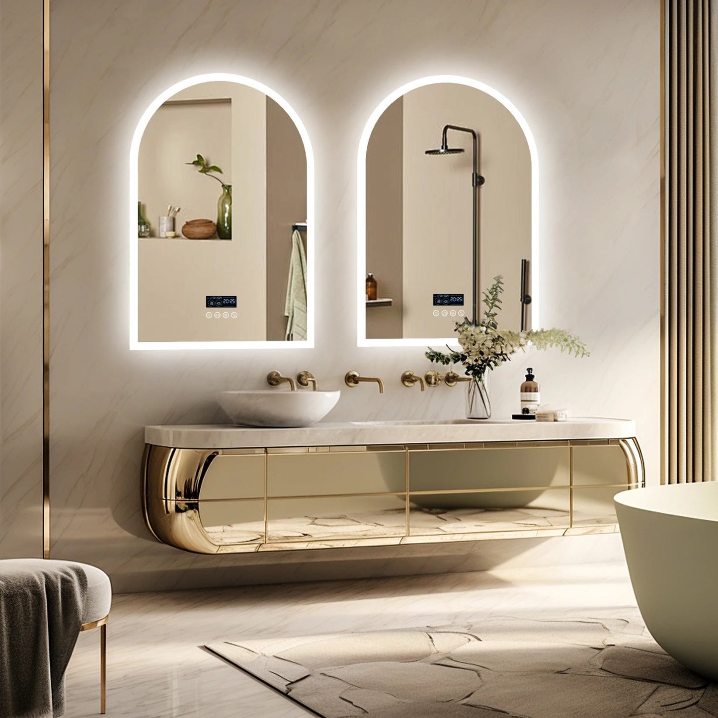 Arched LED Backlit Bluetooth Bathroom Mirror – Dimmable, Fogless Vanity Mirror with Time & Temperature Display