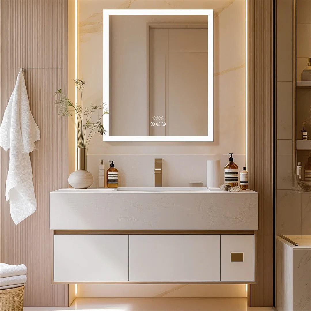 Aluminum Frame Smart LED Bathroom Mirror Cabinet with Bluetooth Speaker, Music Control, Anti-fog, Temperature & Time Display,Front Light