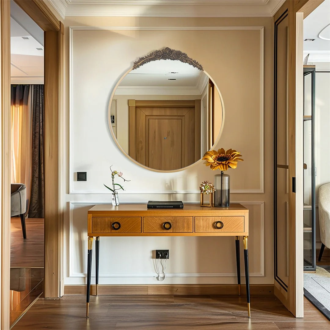 Baroque Round Bathroom Mirror – Brass Finish Metal Frame with Resin Rose Pattern for Living Room & Bathroom Décor