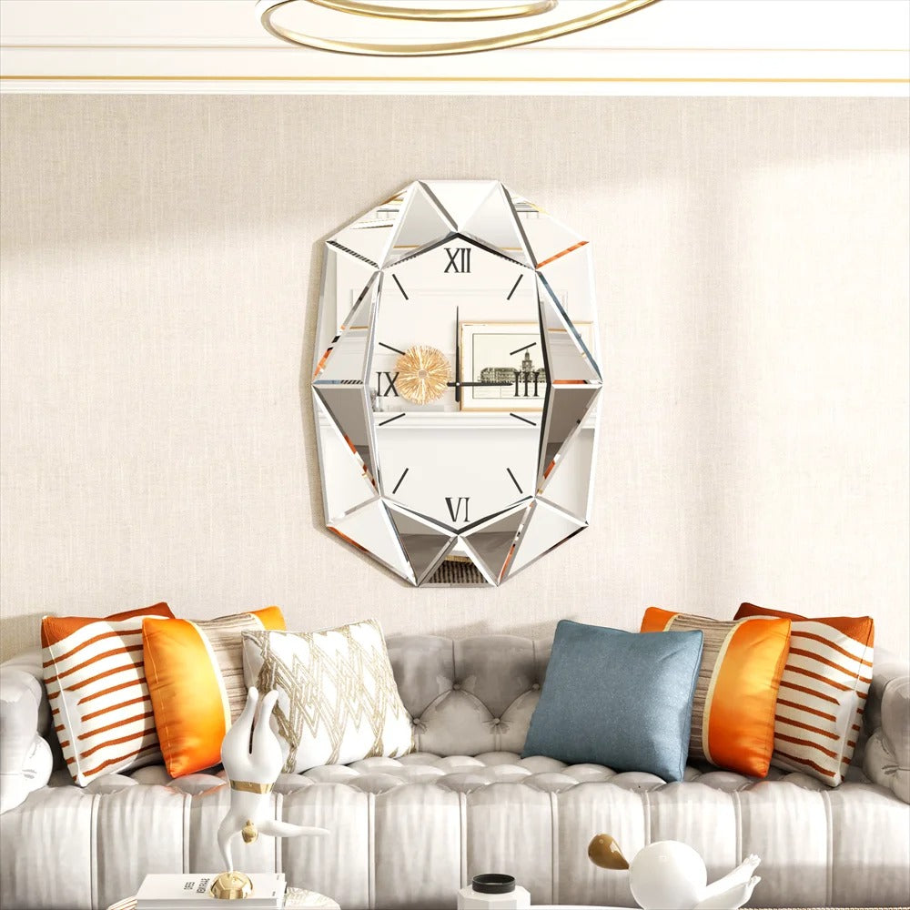 3D Beveled Diamond Wall Mirror with Clock, Hanging Clock