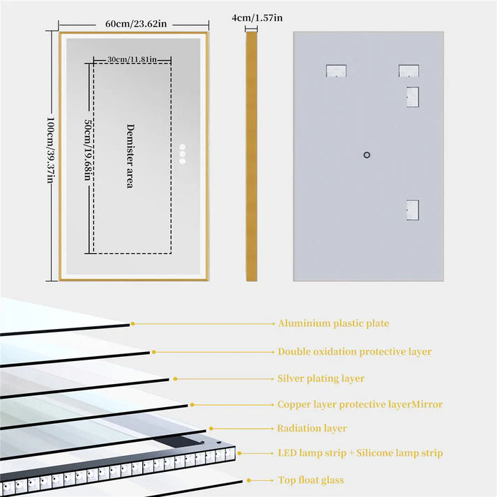 Extra Large Rectangle Gold Aluminum Framed Frontlit LED Bathroom Mirror