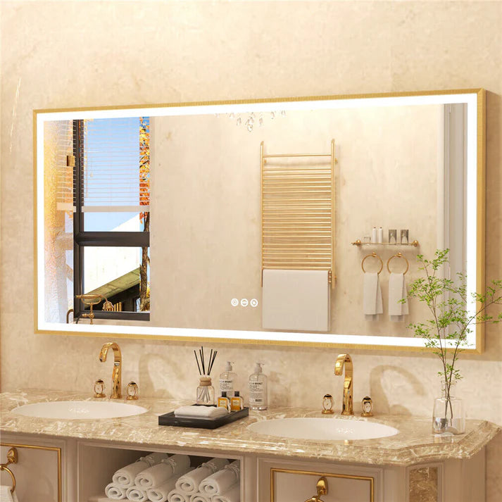 Extra Large Rectangle Gold Aluminum Framed Frontlit LED Bathroom Mirror