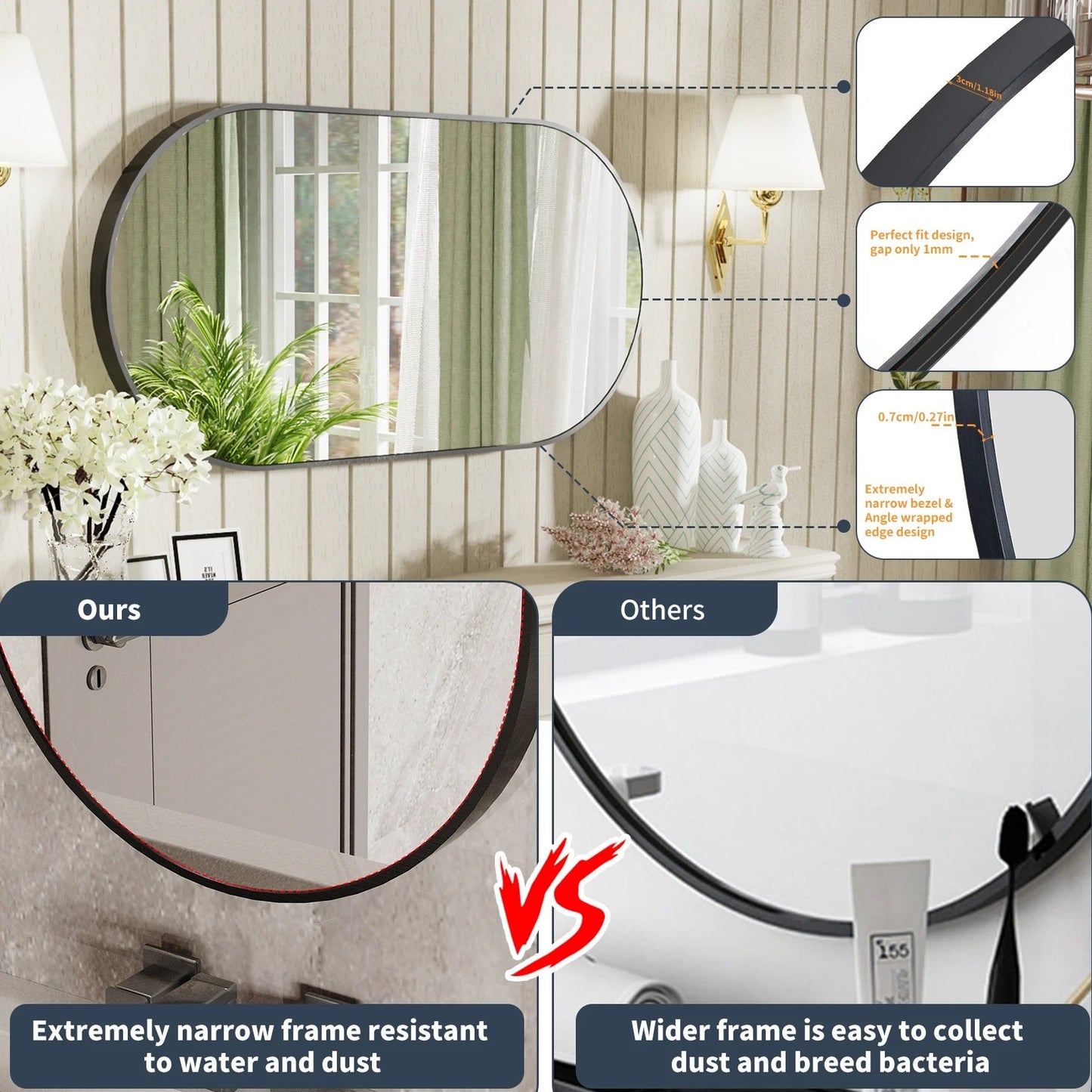 50X100cm Arched Oval Black Decorate Mirror Metal Frame for Bathroom, Entryway, Living Room Vertical & Horizontal Hang