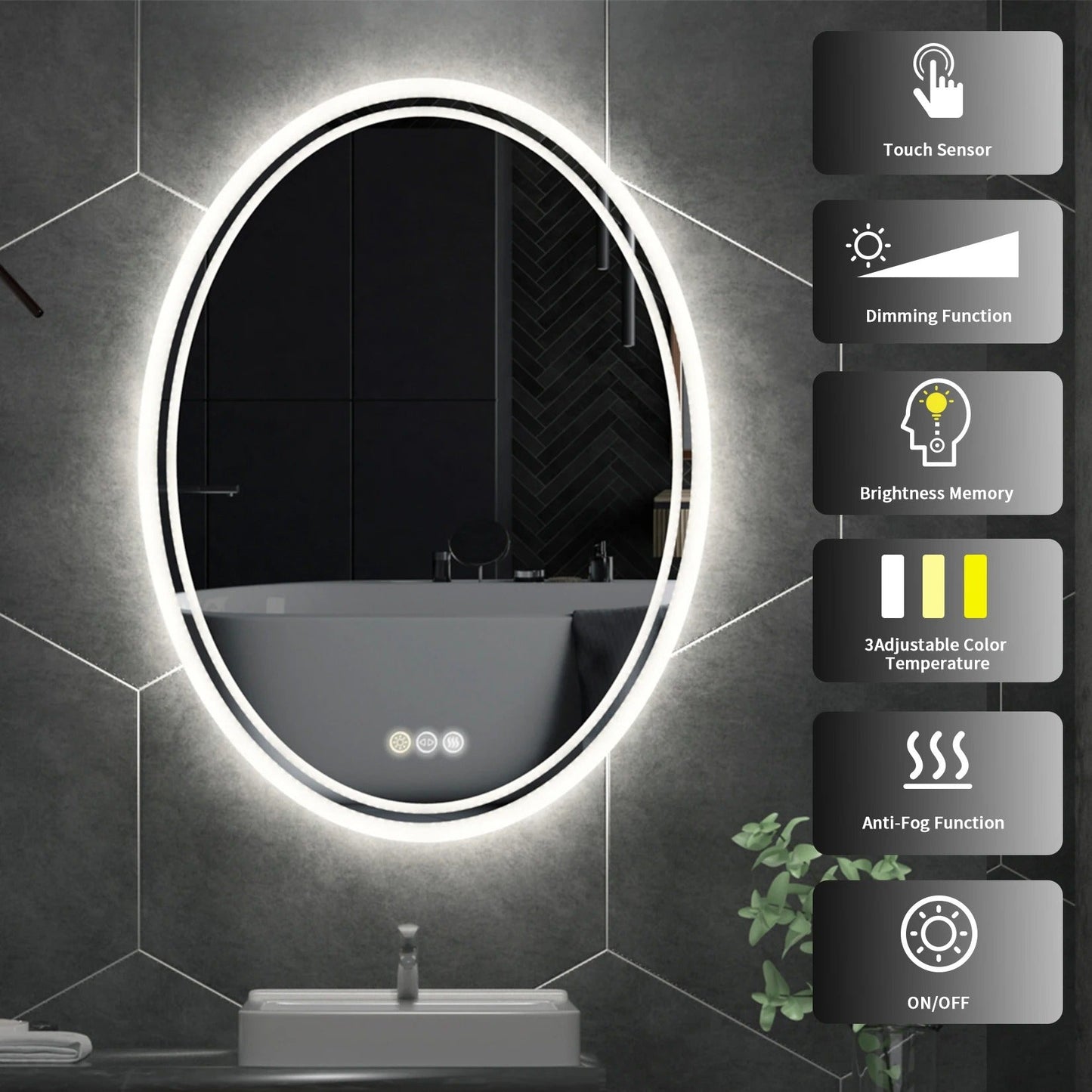 Oval Backlit Light LED Makeup Bathroom Mirror, Wall Mounted Vanity Mirror, Frameless ,Anti-Fog