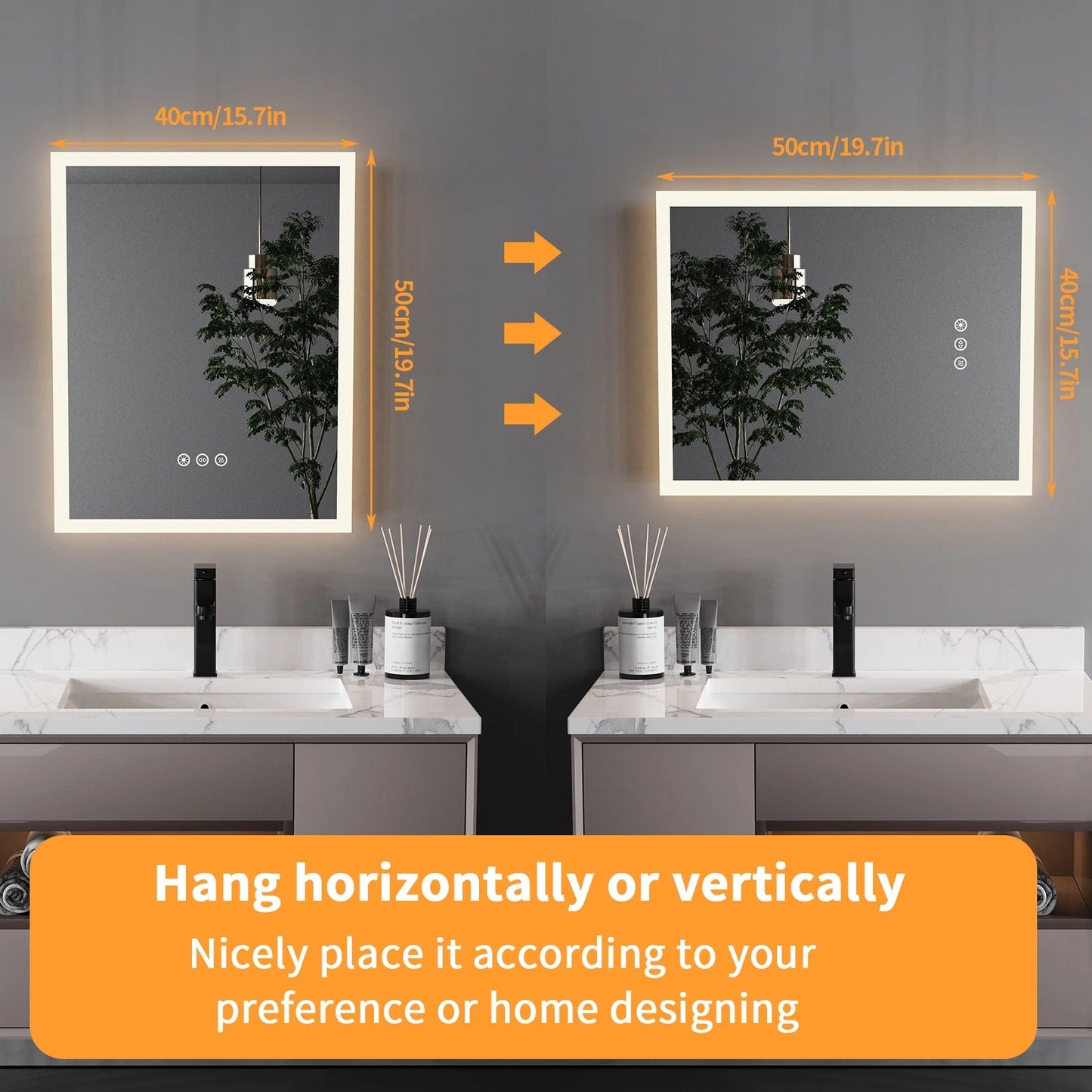 Rectangle Front light Smart LED Bathroom Mirror with Anti-Fog, Wall Mounted Vanity Mirror with Smart Touch Button, Memory Function