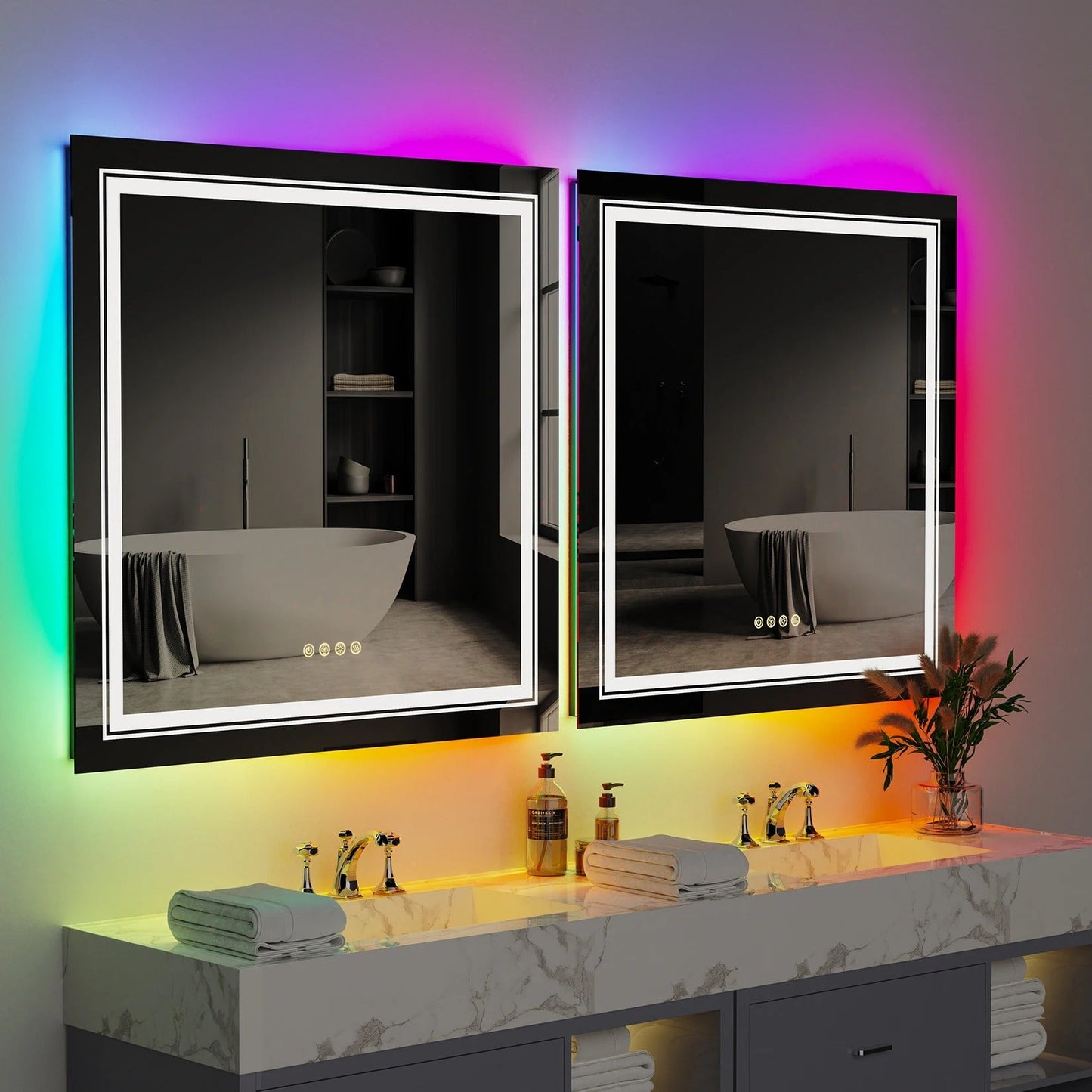 Square Glitzy RGB Double Light80cm x 80cm LED Mirror Dimmable 11 Color Changing Smart Anti-Fog