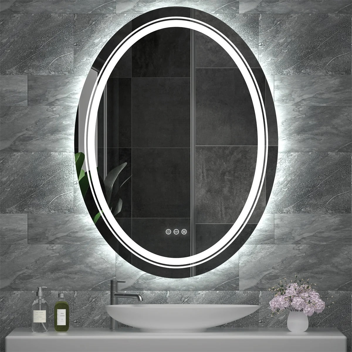 OVAL Double Light LED Illuminated Smart Bathroom Illumination Mirror, Wall Mounted, Anti-Fog