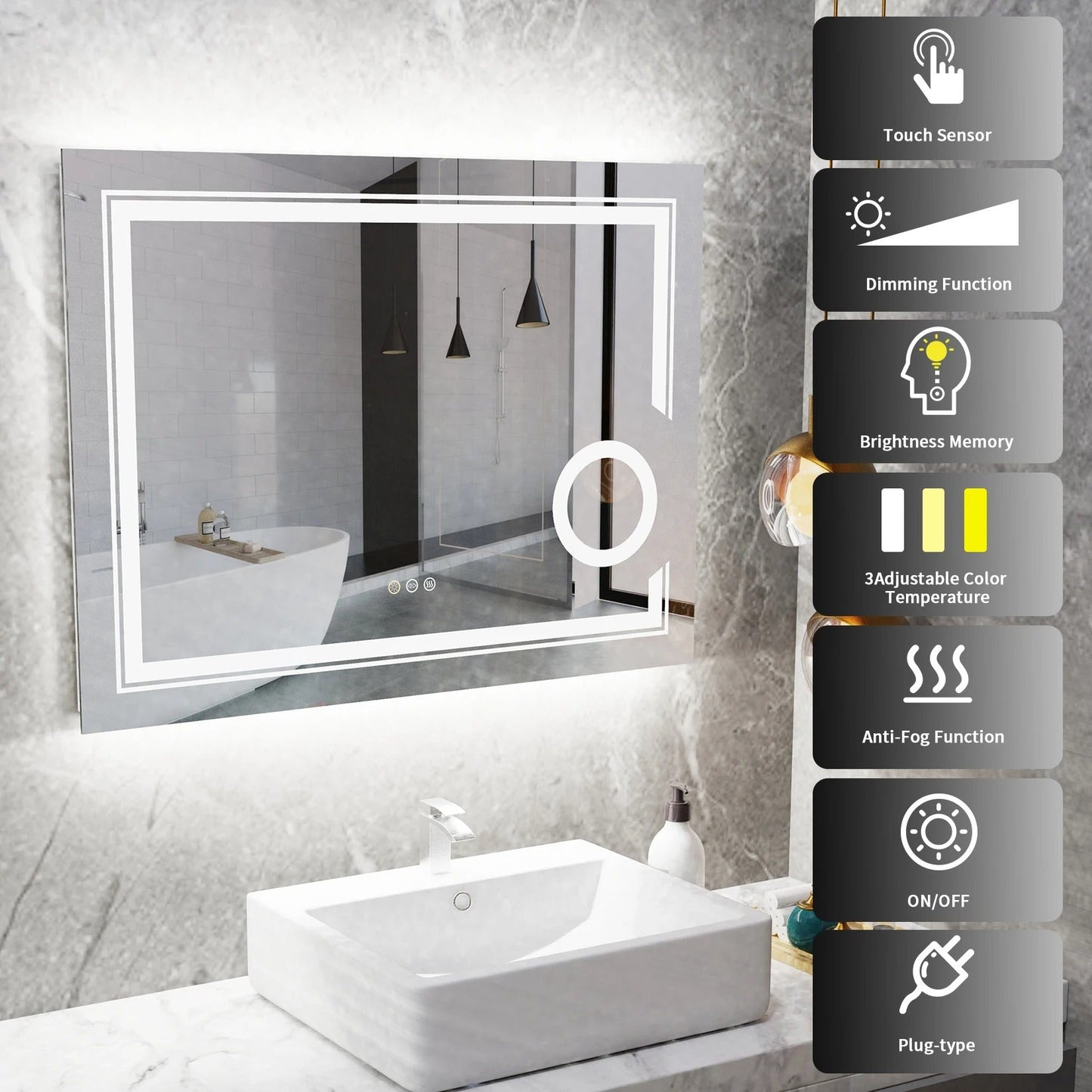 Rectangle Double lights Smart LED Smart Bathroom Mirror with 3X Magnifier
