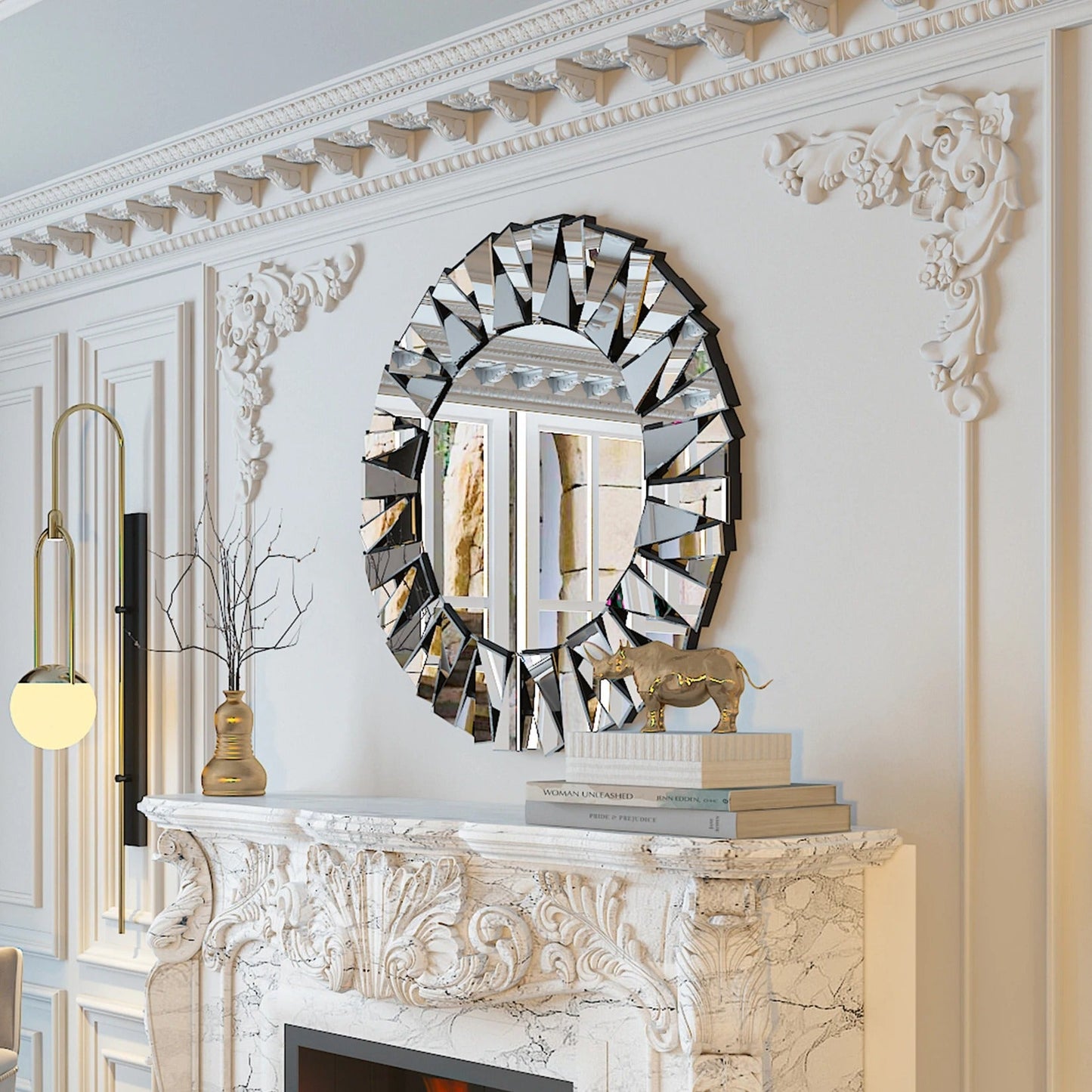 80CM/32" Wall Mirrors Decorative Round Sunburst Mirror for Wall Decor Modern Silver Glass Wall-Mounted Beveled Hanging Circle Accents