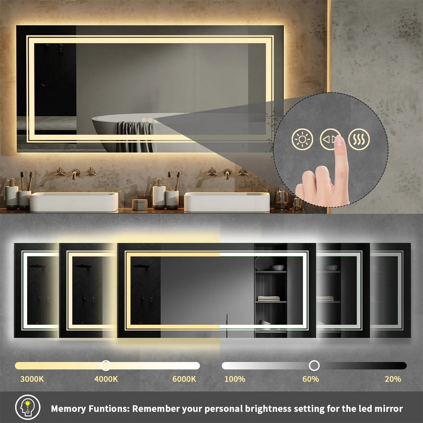 Multiple Size Extra Large Rectangle Double Lights LED Bathroom Mirror Illuminated Dimmable Vanity Mirror with Anti-Fog, 3 Color