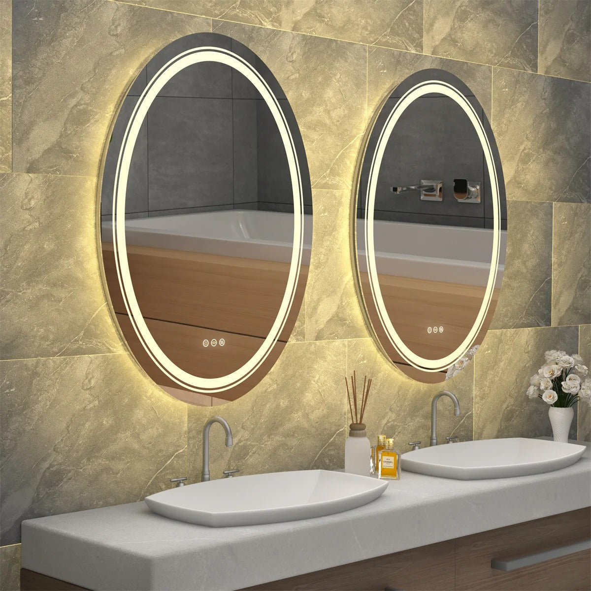 OVAL Double Light LED Illuminated Smart Bathroom Illumination Mirror, Wall Mounted, Anti-Fog