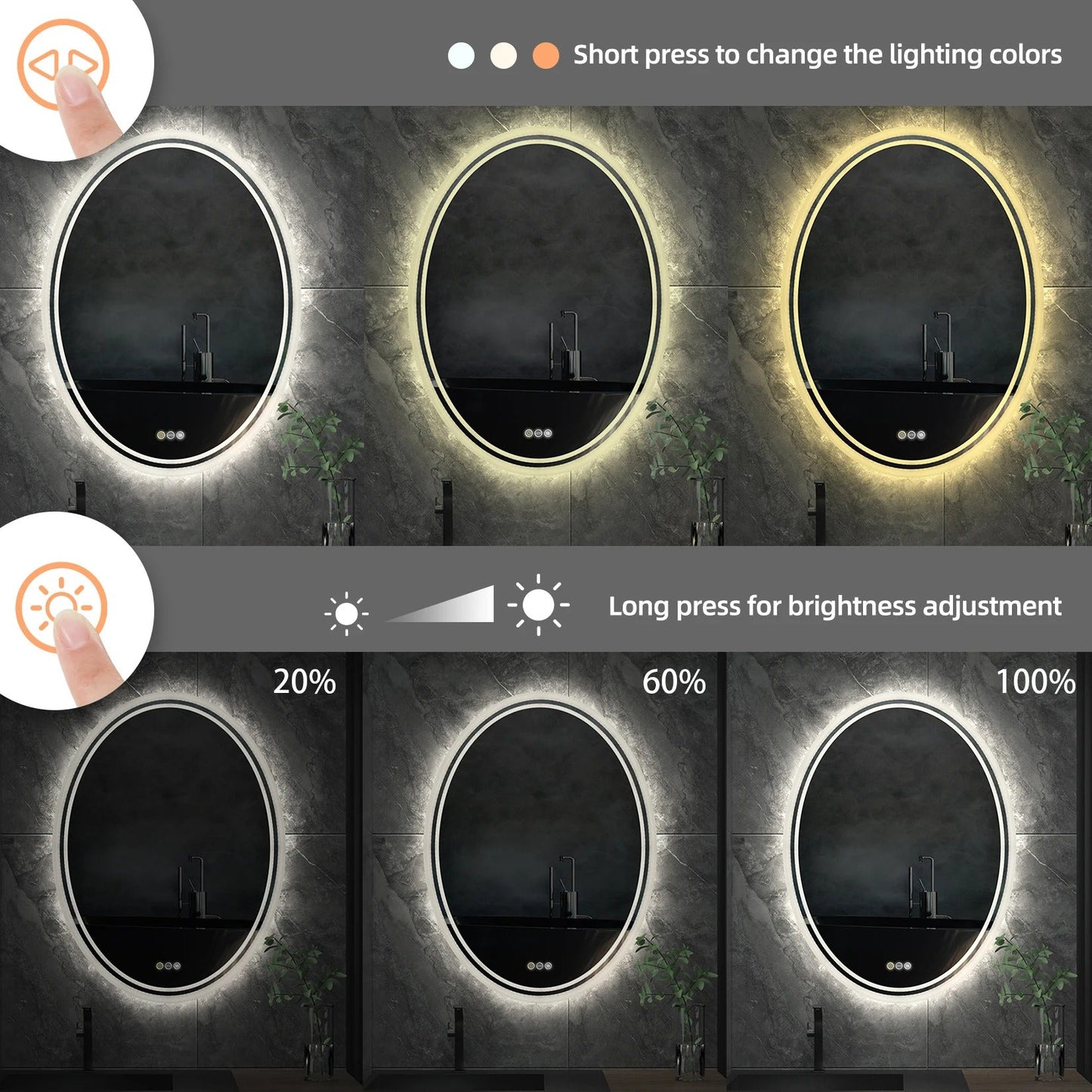 Oval Backlit Light LED Makeup Bathroom Mirror, Wall Mounted Vanity Mirror, Frameless ,Anti-Fog