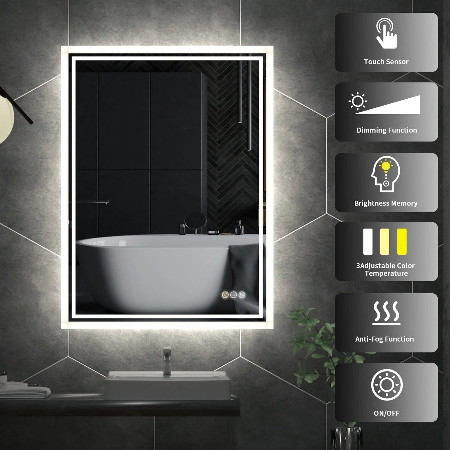 Rectangle Backlit Large LED Bathroom Vanity Mirror, Dimmable, Touch Control, Waterproof
