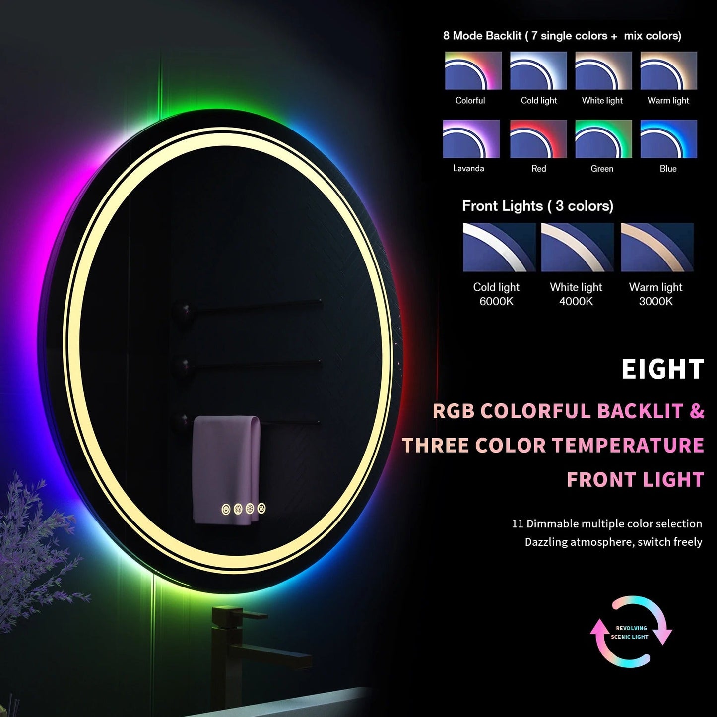 Round Glitzy RGB Double Light LED Bathroom Mirror RGB Color Changing Dimmable Anti-Fog
