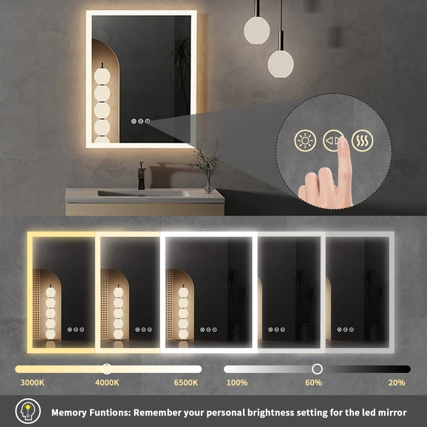 Rectangle Front light Smart LED Bathroom Mirror with Anti-Fog, Wall Mounted Vanity Mirror with Smart Touch Button, Memory Function