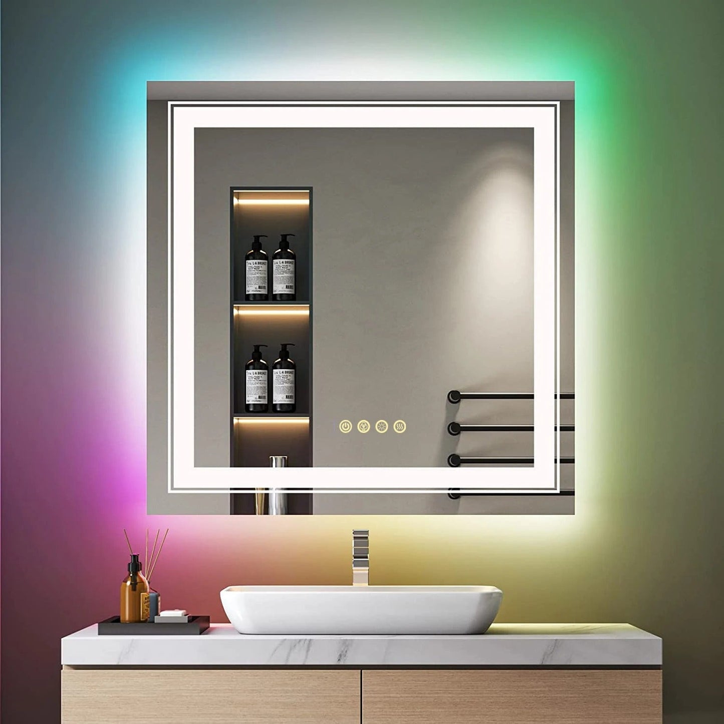 Square Glitzy RGB Double Light80cm x 80cm LED Mirror Dimmable 11 Color Changing Smart Anti-Fog