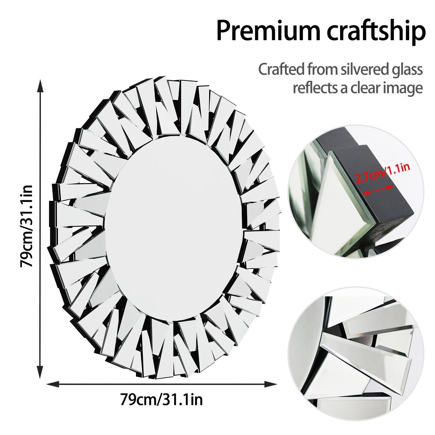 80CM/32" Wall Mirrors Decorative Round Sunburst Mirror for Wall Decor Modern Silver Glass Wall-Mounted Beveled Hanging Circle Accents