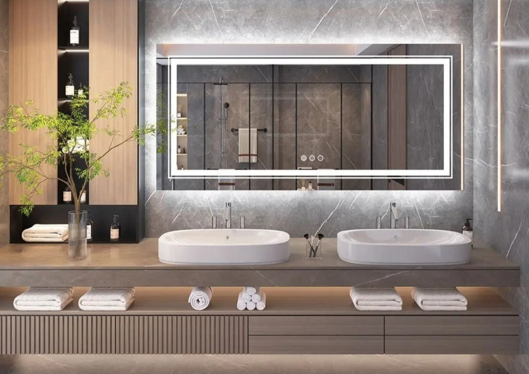 Multiple Size Extra Large Rectangle Double Lights LED Bathroom Mirror Illuminated Dimmable Vanity Mirror with Anti-Fog, 3 Color