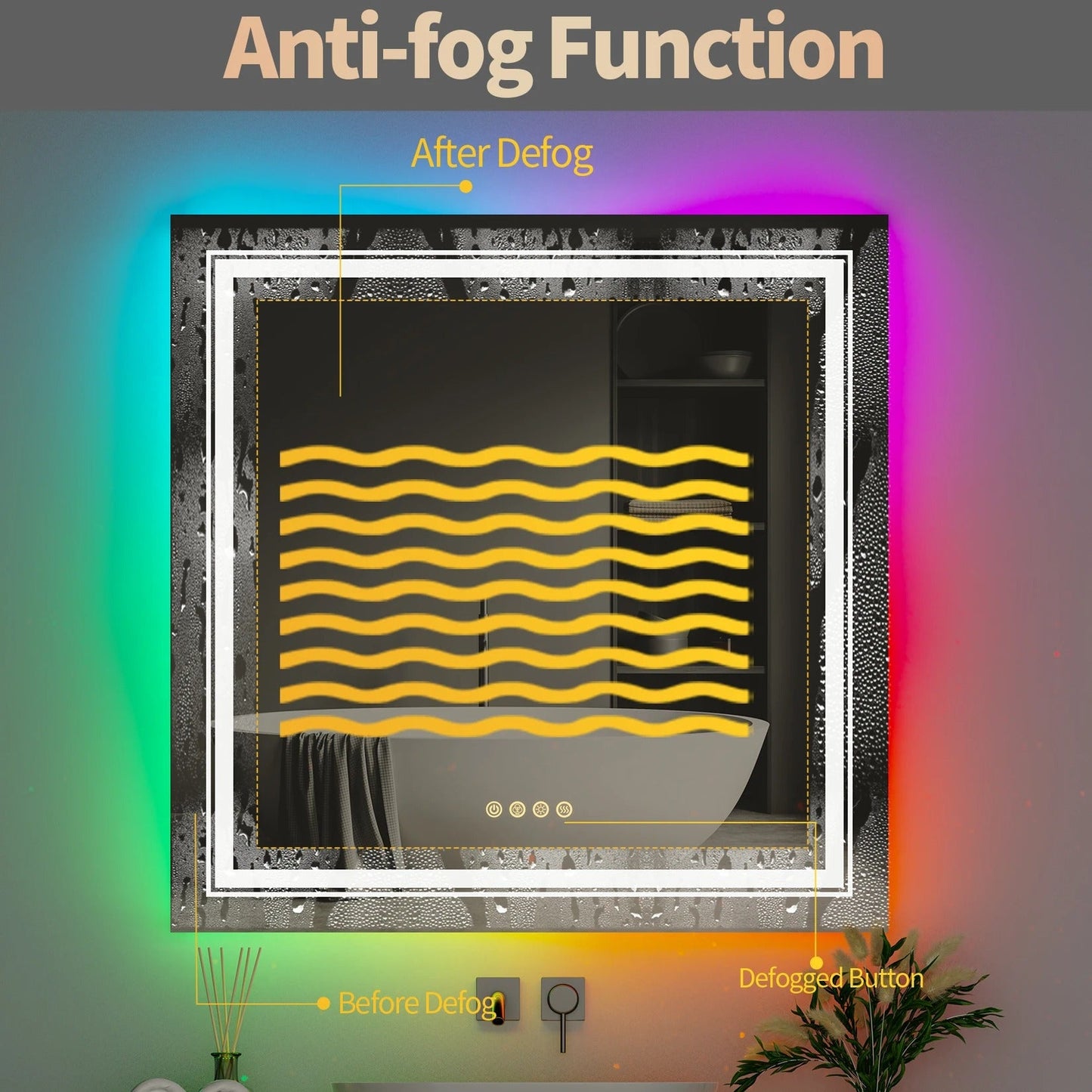 Square Glitzy RGB Double Light80cm x 80cm LED Mirror Dimmable 11 Color Changing Smart Anti-Fog