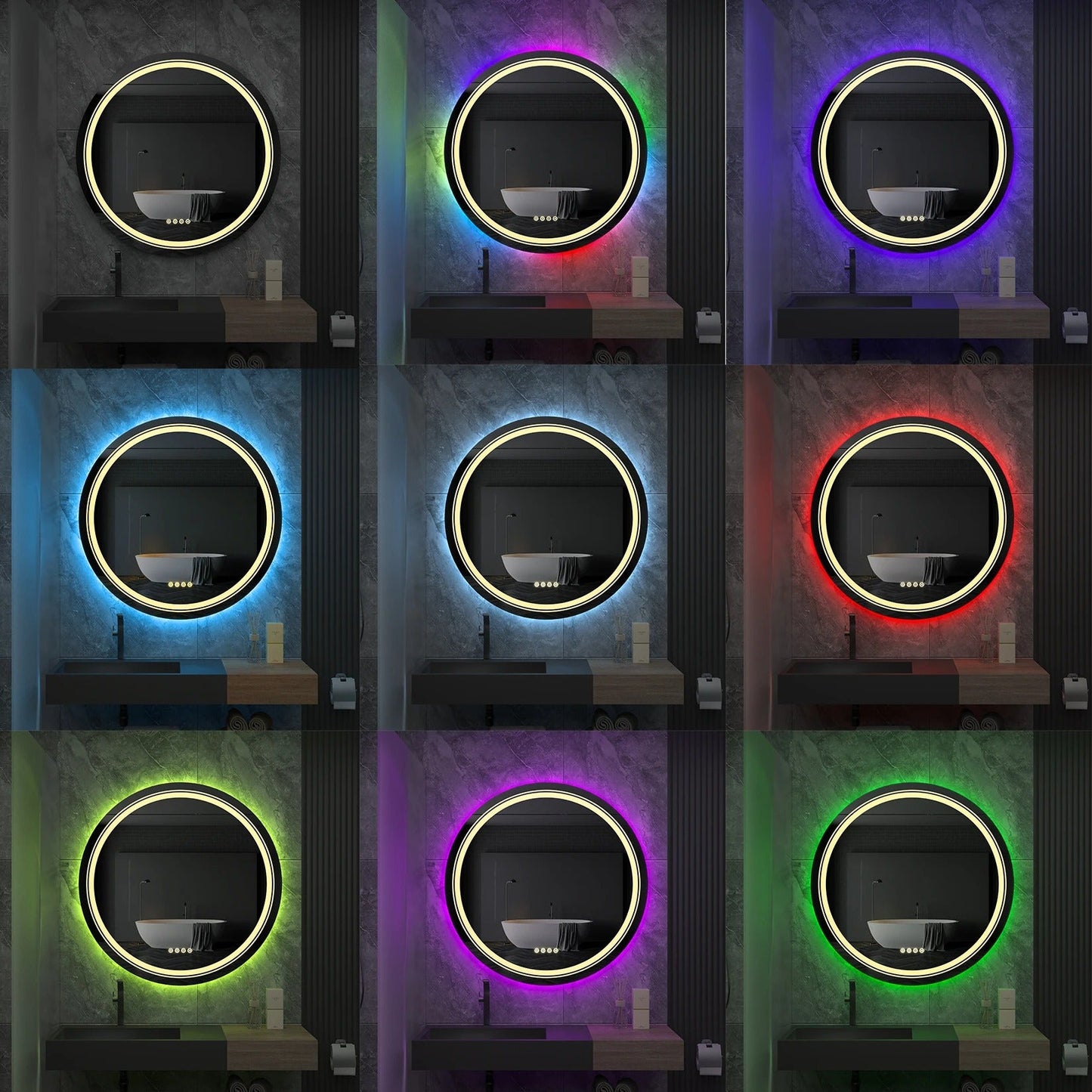 Round Glitzy RGB Double Light LED Bathroom Mirror RGB Color Changing Dimmable Anti-Fog