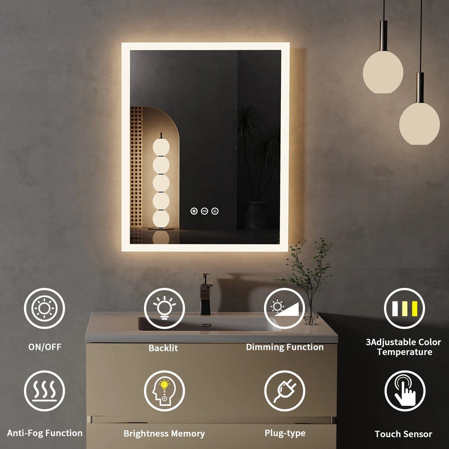 Rectangle Front light Smart LED Bathroom Mirror with Anti-Fog, Wall Mounted Vanity Mirror with Smart Touch Button, Memory Function