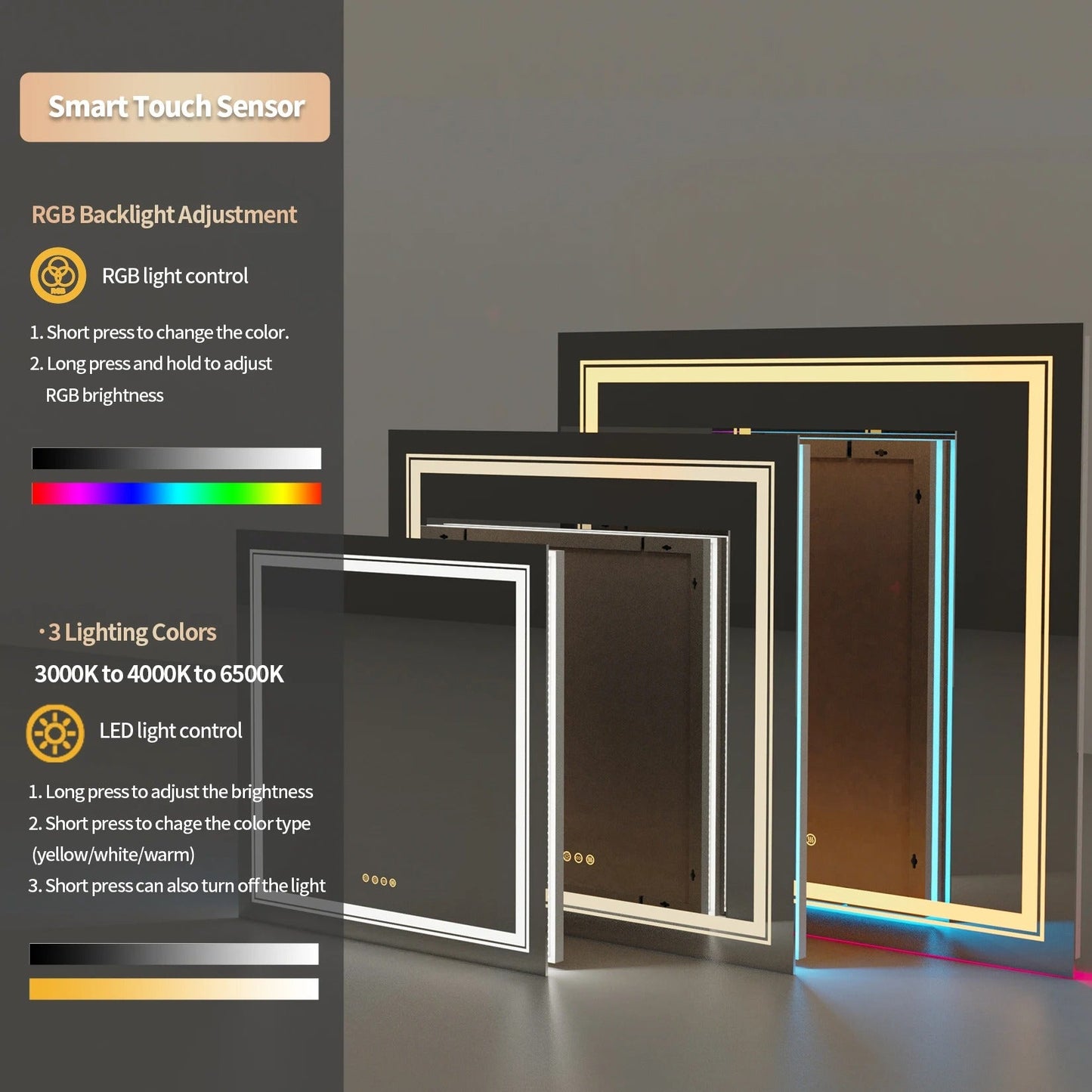 Square Glitzy RGB Double Light80cm x 80cm LED Mirror Dimmable 11 Color Changing Smart Anti-Fog