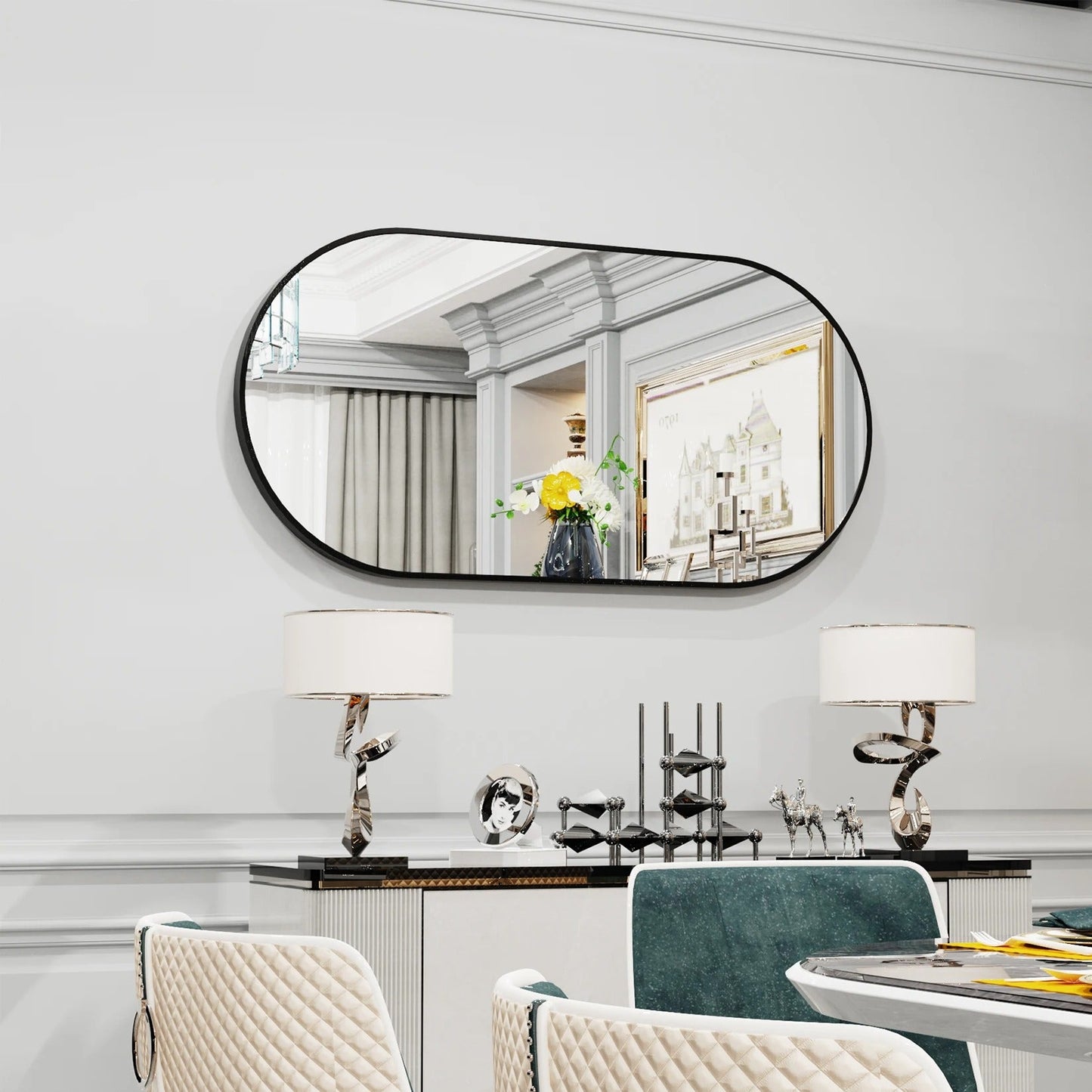 50X100cm Arched Oval Black Decorate Mirror Metal Frame for Bathroom, Entryway, Living Room Vertical & Horizontal Hang