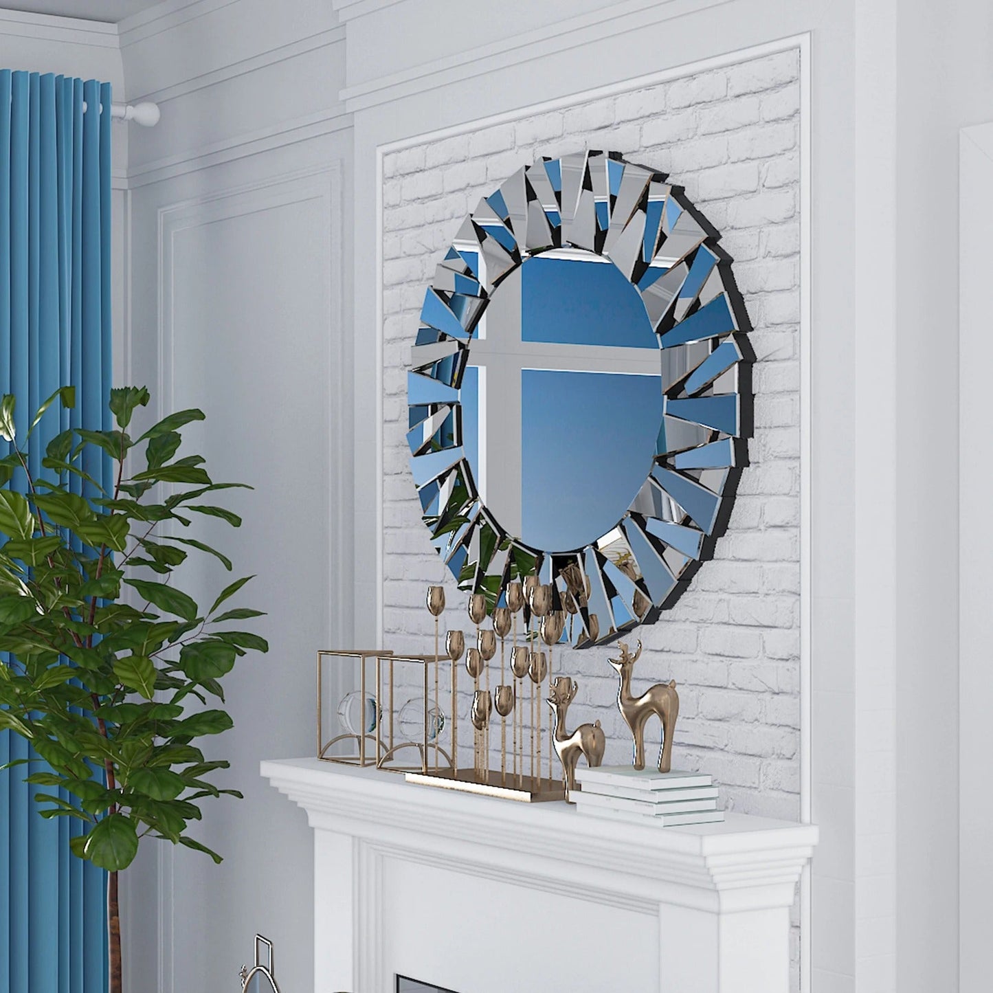 80CM/32" Wall Mirrors Decorative Round Sunburst Mirror for Wall Decor Modern Silver Glass Wall-Mounted Beveled Hanging Circle Accents