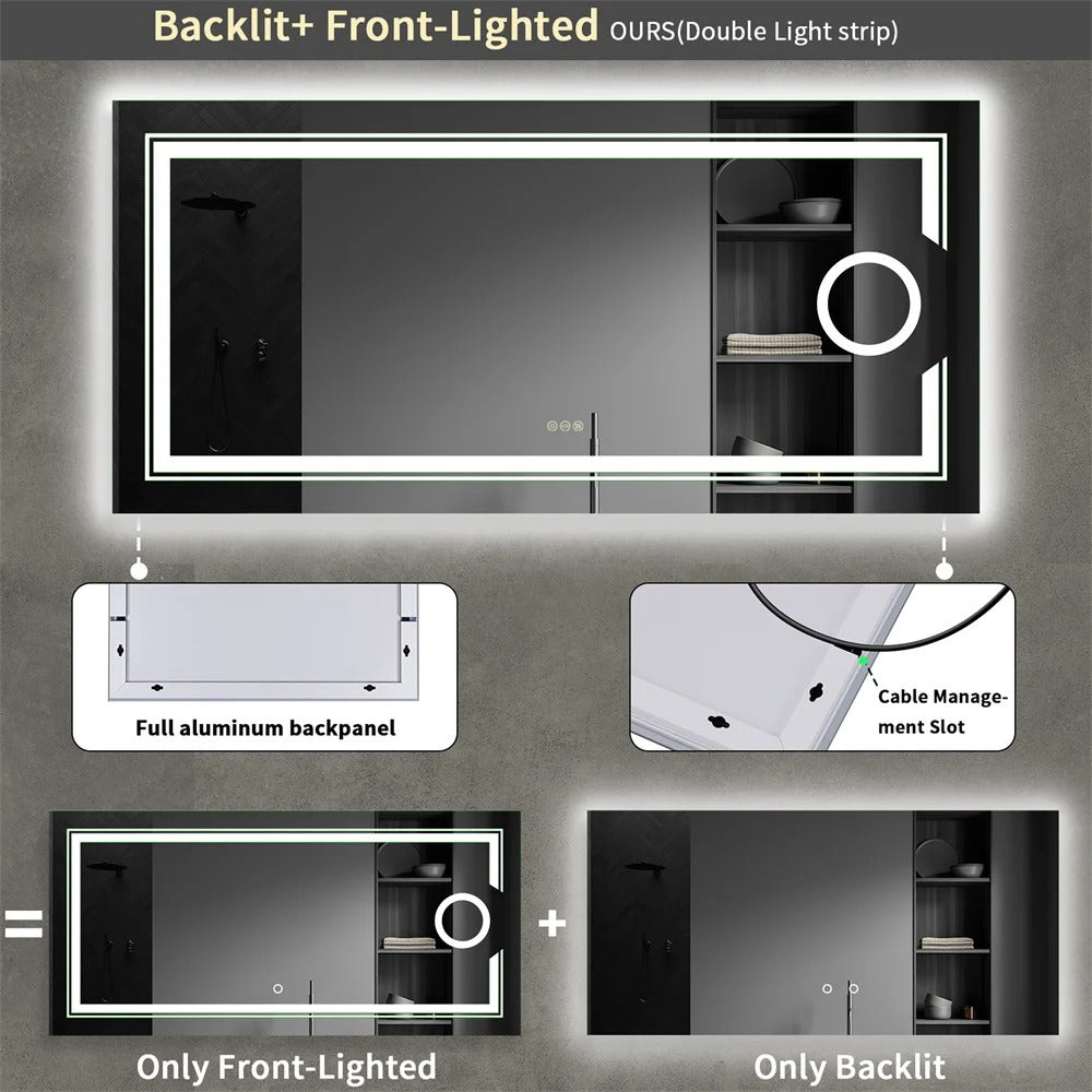 Extra Large Rectangle Double lights Smart LED Bathroom Mirror with 3X Magnifier