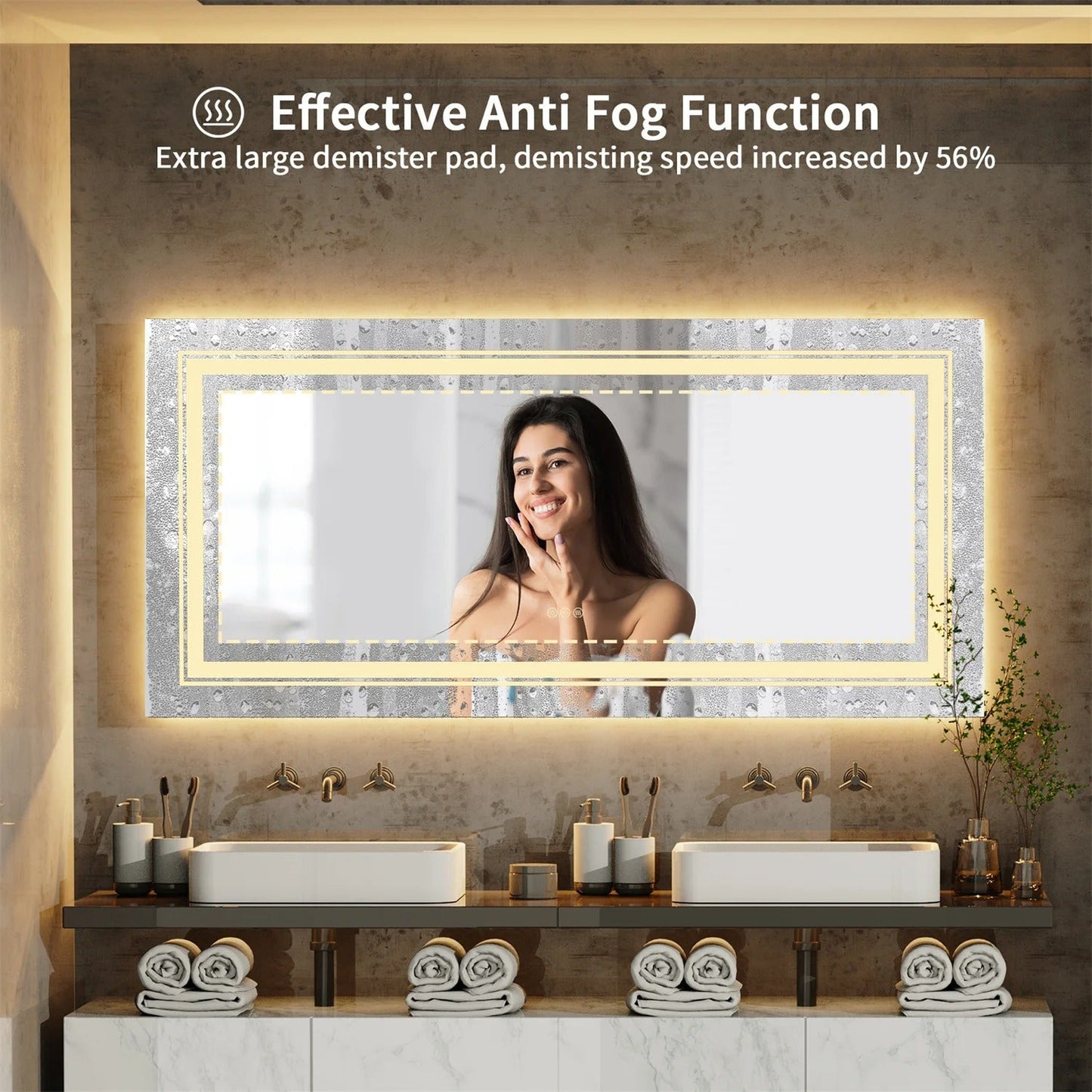 Multiple Size Extra Large Rectangle Double Lights LED Bathroom Mirror Illuminated Dimmable Vanity Mirror with Anti-Fog, 3 Color