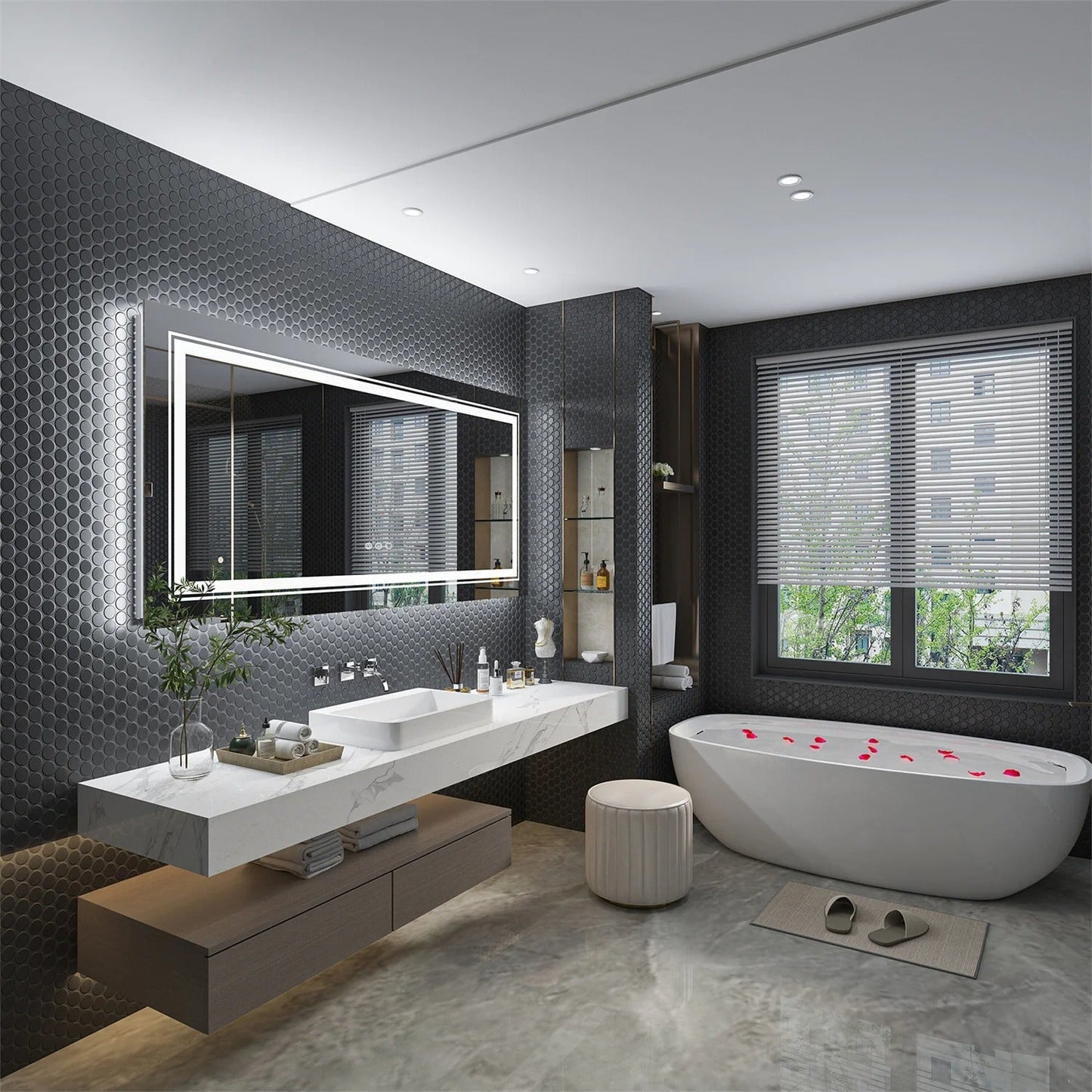 Multiple Size Extra Large Rectangle Double Lights LED Bathroom Mirror Illuminated Dimmable Vanity Mirror with Anti-Fog, 3 Color