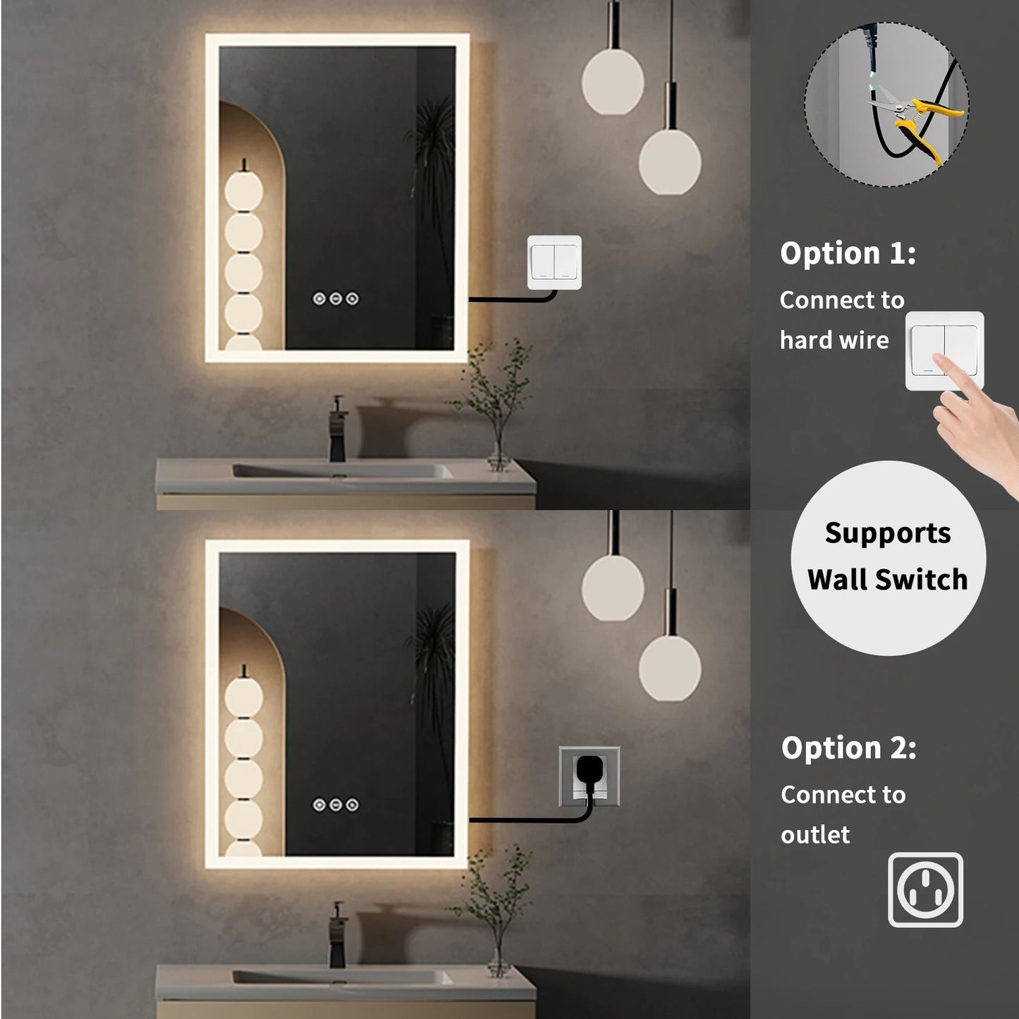 Rectangle Front light Smart LED Bathroom Mirror with Anti-Fog, Wall Mounted Vanity Mirror with Smart Touch Button, Memory Function