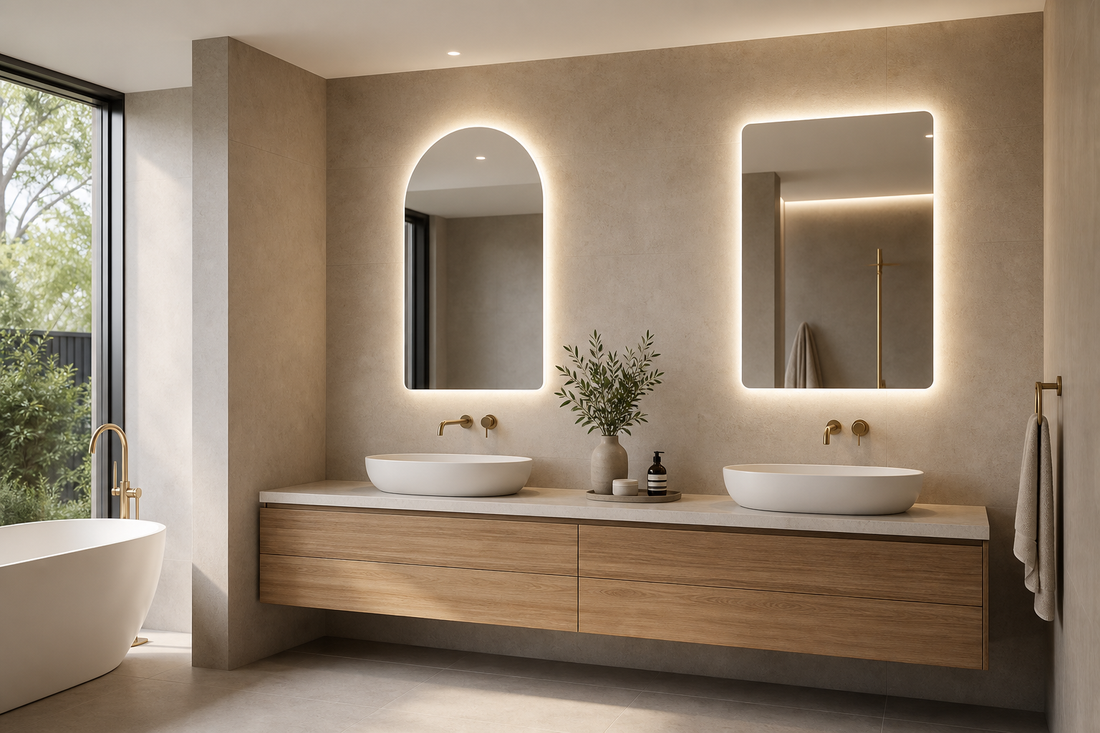 Arched and rectangle LED bathroom mirrors in a modern bathroom