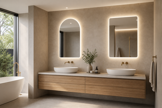 Arched and rectangle LED bathroom mirrors in a modern bathroom